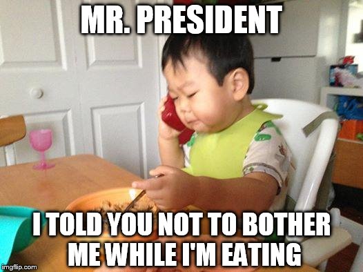 No Bullshit Business Baby | MR. PRESIDENT I TOLD YOU NOT TO BOTHER ME WHILE I'M EATING | image tagged in memes,no bullshit business baby | made w/ Imgflip meme maker