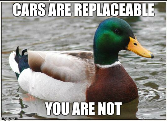 Actual Advice Mallard Meme | CARS ARE REPLACEABLE YOU ARE NOT | image tagged in memes,actual advice mallard,AdviceAnimals | made w/ Imgflip meme maker