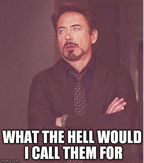 Face You Make Robert Downey Jr Meme | WHAT THE HELL WOULD I CALL THEM FOR | image tagged in memes,face you make robert downey jr | made w/ Imgflip meme maker