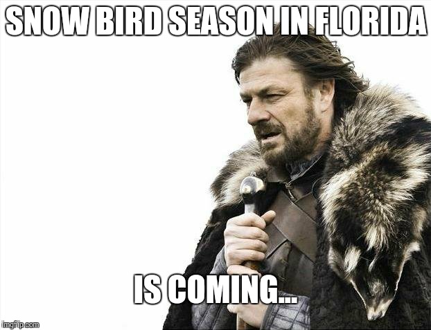 Brace Yourselves X is Coming | SNOW BIRD SEASON IN FLORIDA IS COMING... | image tagged in memes,brace yourselves x is coming | made w/ Imgflip meme maker