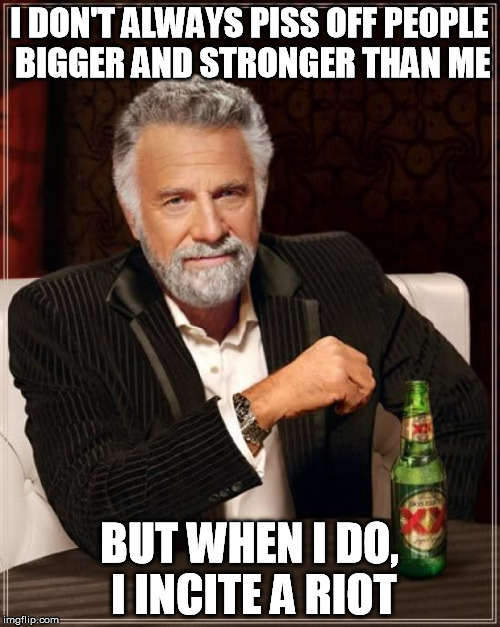 The Most Interesting Man In The World Meme | I DON'T ALWAYS PISS OFF PEOPLE BIGGER AND STRONGER THAN ME BUT WHEN I DO, I INCITE A RIOT | image tagged in memes,the most interesting man in the world | made w/ Imgflip meme maker