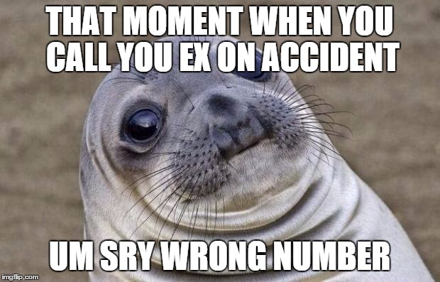 Awkward Moment Sealion | THAT MOMENT WHEN YOU CALL YOU EX ON ACCIDENT UM SRY WRONG NUMBER | image tagged in memes,awkward moment sealion | made w/ Imgflip meme maker