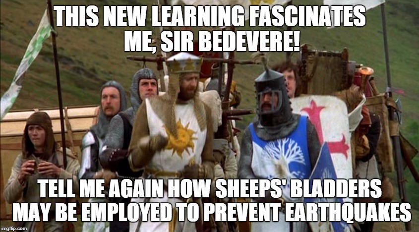 THIS NEW LEARNING FASCINATES ME, SIR BEDEVERE! TELL ME AGAIN HOW SHEEPS' BLADDERS MAY BE EMPLOYED TO PREVENT EARTHQUAKES | image tagged in bedevere | made w/ Imgflip meme maker