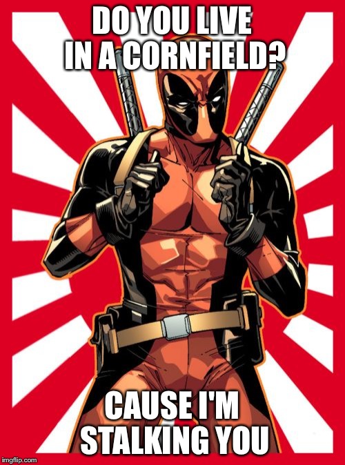 Deadpool Pick Up Lines | DO YOU LIVE IN A CORNFIELD? CAUSE I'M STALKING YOU | image tagged in memes,deadpool pick up lines | made w/ Imgflip meme maker