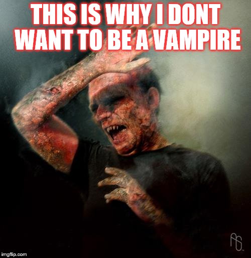 burning vampire | THIS IS WHY I DONT WANT TO BE A VAMPIRE | image tagged in burning vampire | made w/ Imgflip meme maker
