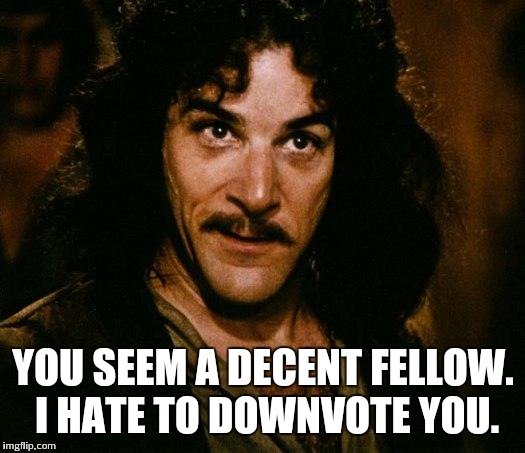 Inigo Montoya | YOU SEEM A DECENT FELLOW. I HATE TO DOWNVOTE YOU. | image tagged in memes,inigo montoya | made w/ Imgflip meme maker