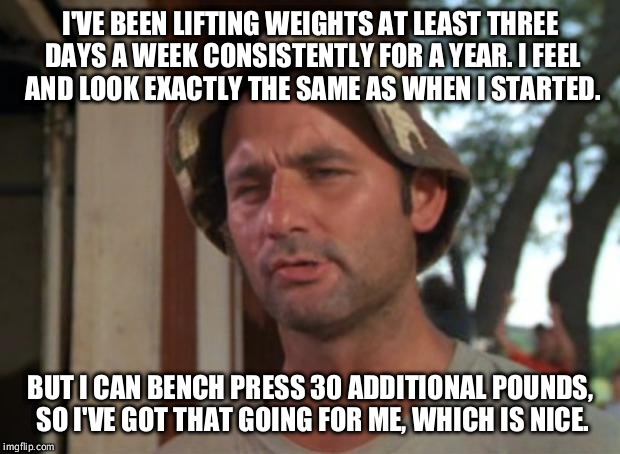 So I Got That Goin For Me Which Is Nice | I'VE BEEN LIFTING WEIGHTS AT LEAST THREE DAYS A WEEK CONSISTENTLY FOR A YEAR. I FEEL AND LOOK EXACTLY THE SAME AS WHEN I STARTED. BUT I CAN  | image tagged in memes,so i got that goin for me which is nice,AdviceAnimals | made w/ Imgflip meme maker