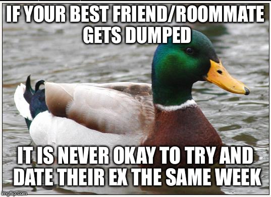 Actual Advice Mallard Meme | IF YOUR BEST FRIEND/ROOMMATE GETS DUMPED IT IS NEVER OKAY TO TRY AND DATE THEIR EX THE SAME WEEK | image tagged in memes,actual advice mallard,AdviceAnimals | made w/ Imgflip meme maker