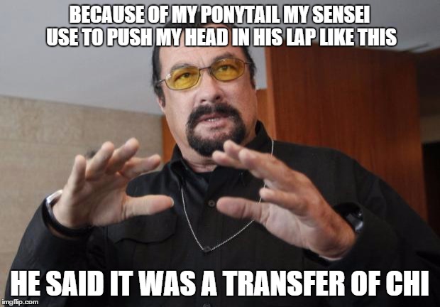 Steven Seagal | BECAUSE OF MY PONYTAIL MY SENSEI USE TO PUSH MY HEAD IN HIS LAP LIKE THIS HE SAID IT WAS A TRANSFER OF CHI | image tagged in steven seagal | made w/ Imgflip meme maker