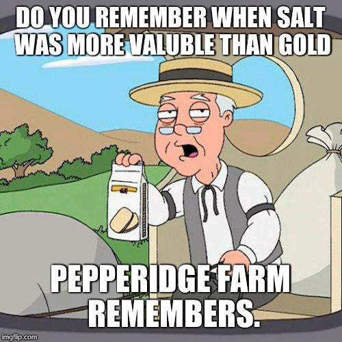 salt. | DO YOU REMEMBER WHEN SALT WAS MORE VALUBLE THAN GOLD PEPPERIDGE FARM REMEMBERS. | image tagged in memes,pepperidge farm remembers | made w/ Imgflip meme maker