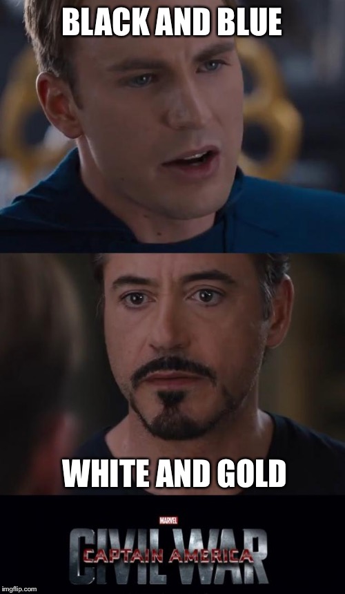 Remember when people actually cared about this? | BLACK AND BLUE WHITE AND GOLD | image tagged in marvel civil war template,black and blue dress | made w/ Imgflip meme maker