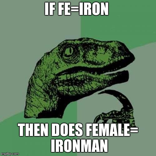 Philosoraptor | IF FE=IRON THEN DOES FEMALE= IRONMAN | image tagged in memes,philosoraptor | made w/ Imgflip meme maker