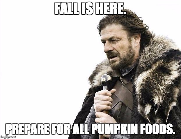 Brace Yourselves X is Coming | FALL IS HERE. PREPARE FOR ALL PUMPKIN FOODS. | image tagged in memes,brace yourselves x is coming | made w/ Imgflip meme maker