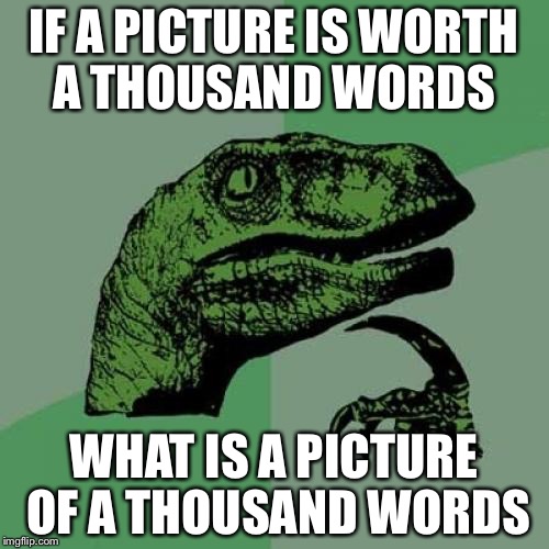 Philosoraptor | IF A PICTURE IS WORTH A THOUSAND WORDS WHAT IS A PICTURE OF A THOUSAND WORDS | image tagged in memes,philosoraptor | made w/ Imgflip meme maker