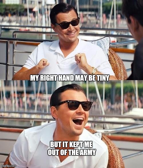 Leonardo Dicaprio Wolf Of Wall Street | MY RIGHT HAND MAY BE TINY BUT IT KEPT ME OUT OF THE ARMY | image tagged in memes,leonardo dicaprio wolf of wall street | made w/ Imgflip meme maker