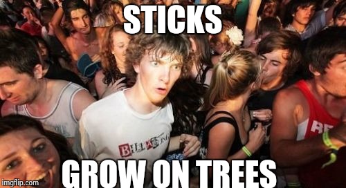 Sudden Clarity Clarence | STICKS GROW ON TREES | image tagged in memes,sudden clarity clarence | made w/ Imgflip meme maker