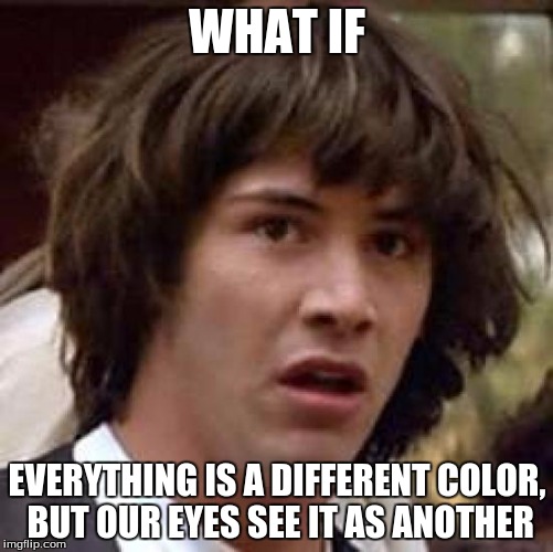 Conspiracy Keanu | WHAT IF EVERYTHING IS A DIFFERENT COLOR, BUT OUR EYES SEE IT AS ANOTHER | image tagged in memes,conspiracy keanu | made w/ Imgflip meme maker