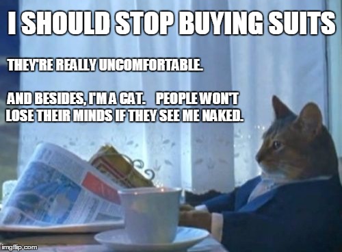 Sudden clarity cat | I SHOULD STOP BUYING SUITS AND BESIDES, I'M A CAT.    PEOPLE WON'T LOSE THEIR MINDS IF THEY SEE ME NAKED. THEY'RE REALLY UNCOMFORTABLE. | image tagged in memes,i should buy a boat cat,sudden clarity clarence,everyone loses their minds | made w/ Imgflip meme maker