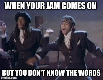 I can't sing | WHEN YOUR JAM COMES ON BUT YOU DON'T KNOW THE WORDS | image tagged in my jam,milli vanilli,jam | made w/ Imgflip meme maker