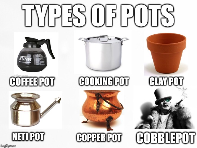 Types of Pots  | TYPES OF POTS COFFEE POT COOKING POT COPPER POT CLAY POT NETI POT COBBLEPOT | image tagged in batman,gotham,penguin,cobblepot | made w/ Imgflip meme maker