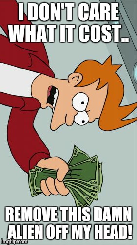Shut Up And Take My Money Fry Meme | I DON'T CARE WHAT IT COST.. REMOVE THIS DAMN ALIEN OFF MY HEAD! | image tagged in memes,shut up and take my money fry | made w/ Imgflip meme maker