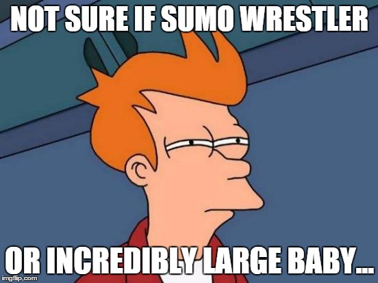 Futurama Fry | NOT SURE IF SUMO WRESTLER OR INCREDIBLY LARGE BABY... | image tagged in memes,futurama fry | made w/ Imgflip meme maker