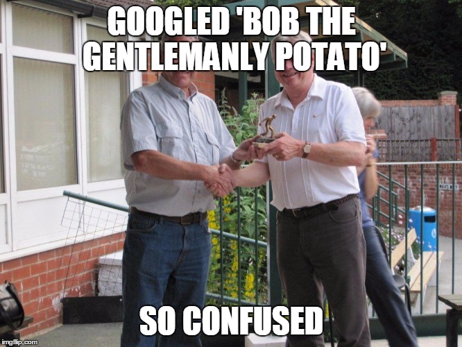 GOOGLED 'BOB THE GENTLEMANLY POTATO' SO CONFUSED | image tagged in we totally weren't doing x while you were y | made w/ Imgflip meme maker