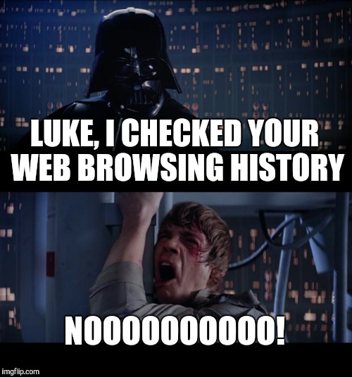 Star Wars No Meme | LUKE, I CHECKED YOUR WEB BROWSING HISTORY NOOOOOOOOOO! | image tagged in memes,star wars no | made w/ Imgflip meme maker