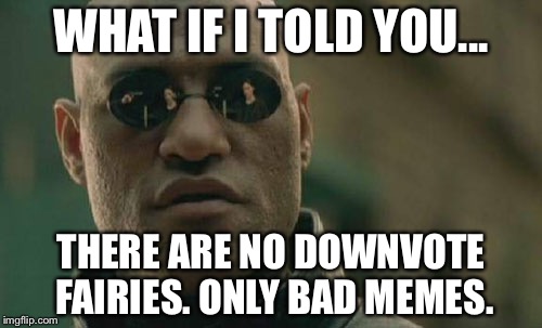 Matrix Morpheus Meme | WHAT IF I TOLD YOU... THERE ARE NO DOWNVOTE FAIRIES. ONLY BAD MEMES. | image tagged in memes,matrix morpheus | made w/ Imgflip meme maker