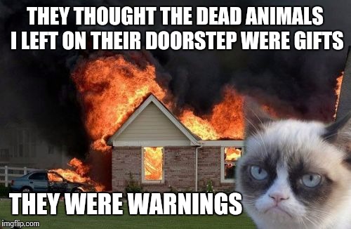 Grumpy cat-astrophe  | THEY THOUGHT THE DEAD ANIMALS I LEFT ON THEIR DOORSTEP WERE GIFTS THEY WERE WARNINGS | image tagged in memes,burn kitty,gift,warning | made w/ Imgflip meme maker