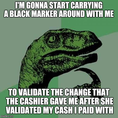 Philosoraptor | I'M GONNA START CARRYING A BLACK MARKER AROUND WITH ME TO VALIDATE THE CHANGE THAT THE CASHIER GAVE ME AFTER SHE VALIDATED MY CASH I PAID WI | image tagged in memes,philosoraptor | made w/ Imgflip meme maker