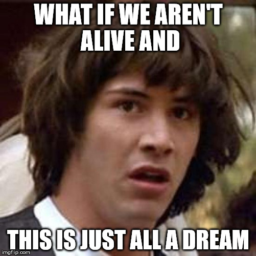 Got this idea from a friend | WHAT IF WE AREN'T ALIVE AND THIS IS JUST ALL A DREAM | image tagged in memes,conspiracy keanu | made w/ Imgflip meme maker
