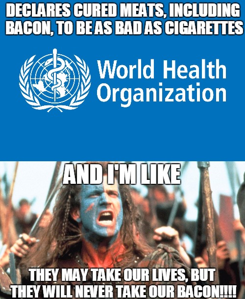 Screw You, WHO!! | DECLARES CURED MEATS, INCLUDING BACON, TO BE AS BAD AS CIGARETTES THEY MAY TAKE OUR LIVES, BUT THEY WILL NEVER TAKE OUR BACON!!!! AND I'M LI | image tagged in braveheart,world health organization,bacon,resistance,and i'm like | made w/ Imgflip meme maker