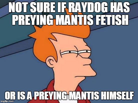 Raydog Conspiracy Theory!11112131131241411 | NOT SURE IF RAYDOG HAS PREYING MANTIS FETISH OR IS A PREYING MANTIS HIMSELF | image tagged in memes,futurama fry | made w/ Imgflip meme maker