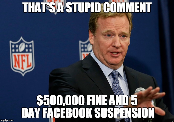 Facebook Stupid Comment Fine | THAT'S A STUPID COMMENT $500,000 FINE AND 5 DAY FACEBOOK SUSPENSION | image tagged in roger goodell | made w/ Imgflip meme maker