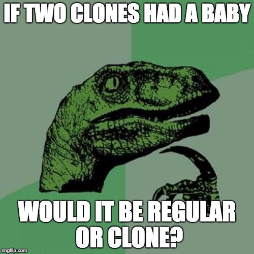 Clones | IF TWO CLONES HAD A BABY WOULD IT BE REGULAR OR CLONE? | image tagged in memes,philosoraptor,funny,lol,woah,clone or not | made w/ Imgflip meme maker