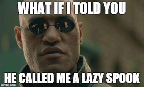 Matrix Morpheus Meme | WHAT IF I TOLD YOU HE CALLED ME A LAZY SPOOK | image tagged in memes,matrix morpheus | made w/ Imgflip meme maker