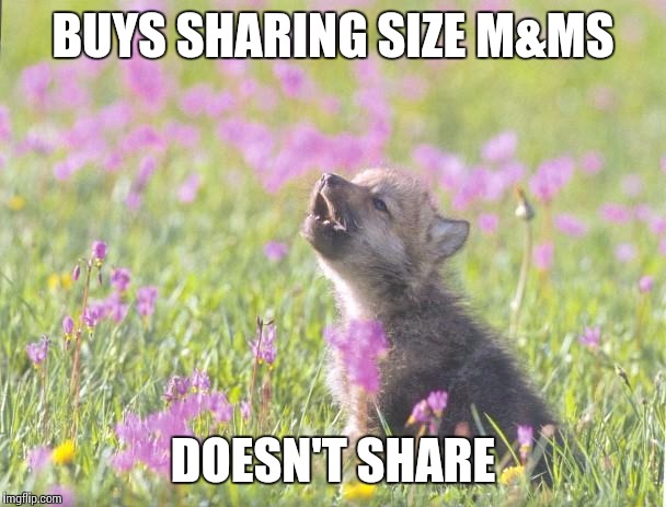 Baby Insanity Wolf Meme | BUYS SHARING SIZE M&MS DOESN'T SHARE | image tagged in memes,baby insanity wolf,AdviceAnimals | made w/ Imgflip meme maker