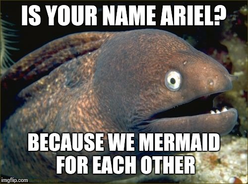 Bad Joke Eel Meme | IS YOUR NAME ARIEL? BECAUSE WE MERMAID FOR EACH OTHER | image tagged in memes,bad joke eel | made w/ Imgflip meme maker