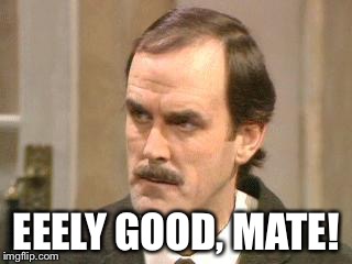EEELY GOOD, MATE! | image tagged in fawlty - i beg your pardon | made w/ Imgflip meme maker