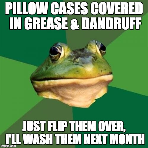 Foul Bachelor Frog | PILLOW CASES COVERED IN GREASE & DANDRUFF JUST FLIP THEM OVER, I'LL WASH THEM NEXT MONTH | image tagged in memes,foul bachelor frog | made w/ Imgflip meme maker