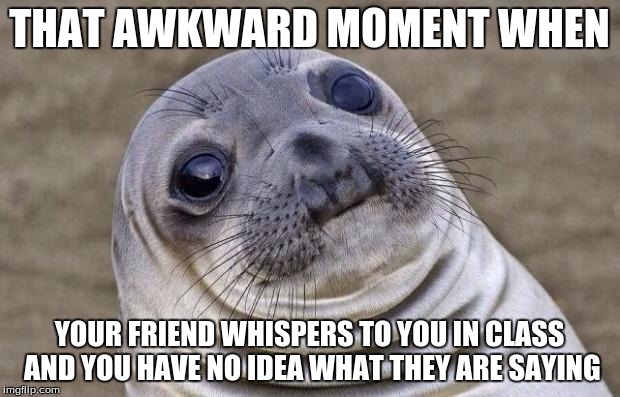 Awkward Moment Sealion | THAT AWKWARD MOMENT WHEN YOUR FRIEND WHISPERS TO YOU IN CLASS AND YOU HAVE NO IDEA WHAT THEY ARE SAYING | image tagged in memes,awkward moment sealion | made w/ Imgflip meme maker