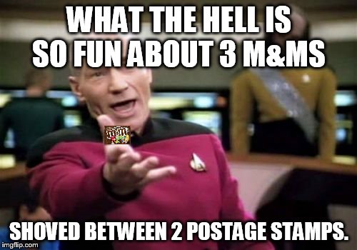 "fun size should weigh at least 3lbs" | WHAT THE HELL IS SO FUN ABOUT 3 M&MS SHOVED BETWEEN 2 POSTAGE STAMPS. | image tagged in memes,picard wtf | made w/ Imgflip meme maker