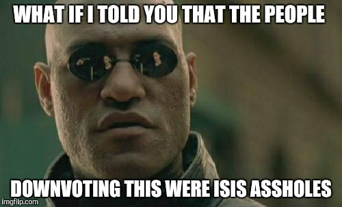 Matrix Morpheus Meme | WHAT IF I TOLD YOU THAT THE PEOPLE DOWNVOTING THIS WERE ISIS ASSHOLES | image tagged in memes,matrix morpheus | made w/ Imgflip meme maker