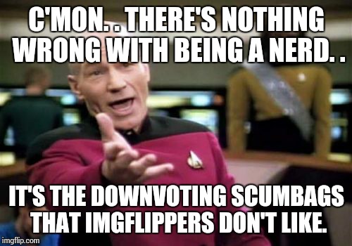 Picard Wtf Meme | C'MON. . THERE'S NOTHING WRONG WITH BEING A NERD. . IT'S THE DOWNVOTING SCUMBAGS THAT IMGFLIPPERS DON'T LIKE. | image tagged in memes,picard wtf | made w/ Imgflip meme maker