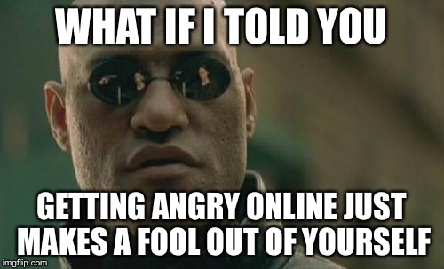 Matrix Morpheus | WHAT IF I TOLD YOU GETTING ANGRY ONLINE JUST MAKES A FOOL OUT OF YOURSELF | image tagged in memes,matrix morpheus | made w/ Imgflip meme maker