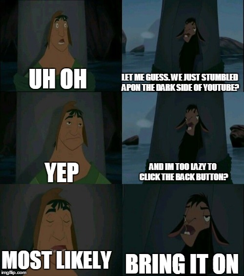 Emperor's New Groove Waterfall  | UH OH LET ME GUESS. WE JUST STUMBLED APON THE DARK SIDE OF YOUTUBE? YEP AND IM TOO LAZY TO CLICK THE BACK BUTTON? MOST LIKELY BRING IT ON | image tagged in emperor's new groove waterfall | made w/ Imgflip meme maker