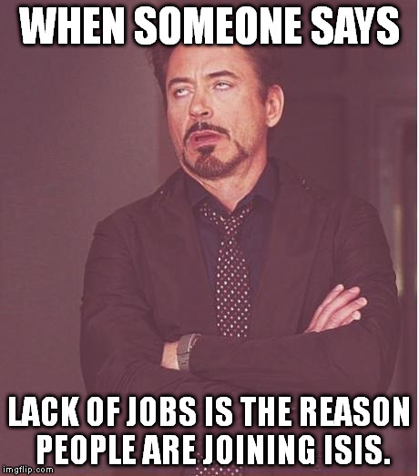 Seems legit. | WHEN SOMEONE SAYS LACK OF JOBS IS THE REASON PEOPLE ARE JOINING ISIS. | image tagged in memes,face you make robert downey jr | made w/ Imgflip meme maker