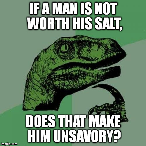 Philosoraptor | IF A MAN IS NOT WORTH HIS SALT, DOES THAT MAKE HIM UNSAVORY? | image tagged in memes,philosoraptor | made w/ Imgflip meme maker
