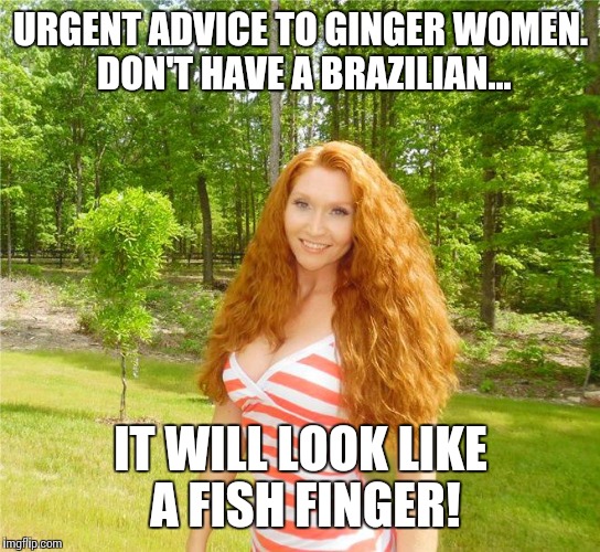 gingerlicious | URGENT ADVICE TO GINGER WOMEN. DON'T HAVE A BRAZILIAN... IT WILL LOOK LIKE A FISH FINGER! | image tagged in gingerlicious | made w/ Imgflip meme maker